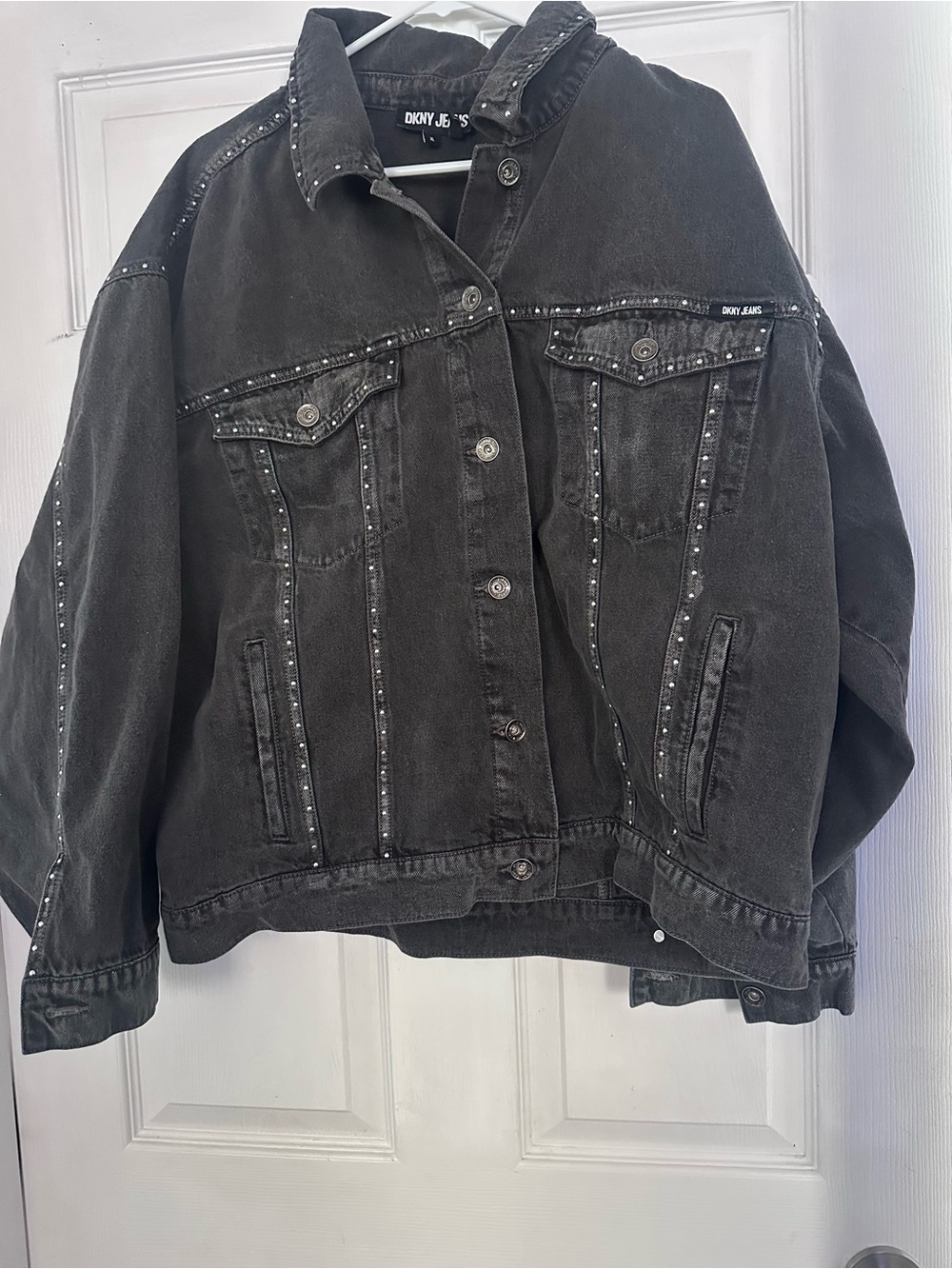 DKNY Oversized Black Denim Jacket with Stud Embellishments